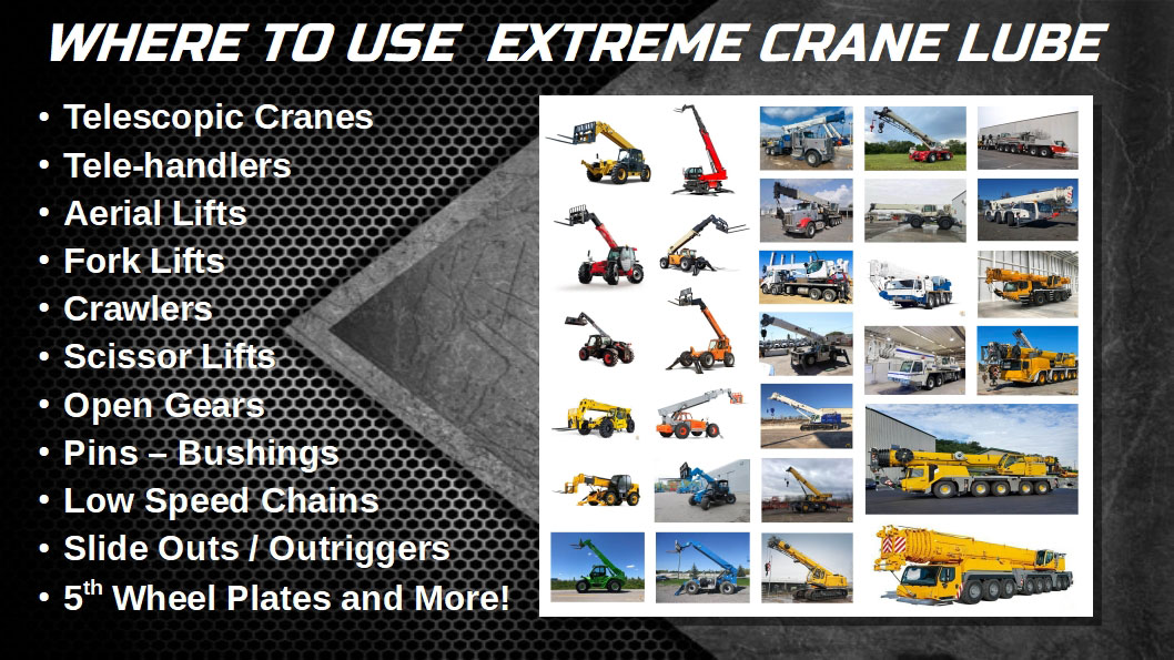 Telescopic Cranes - Telehandlers - Aerial Lifts - Fork Lifts - Crawlers - Booms - Boom Trucks - 5th Wheel Plates - Slow Moving Chains - Cables - Open Gears - Pins and Bushings